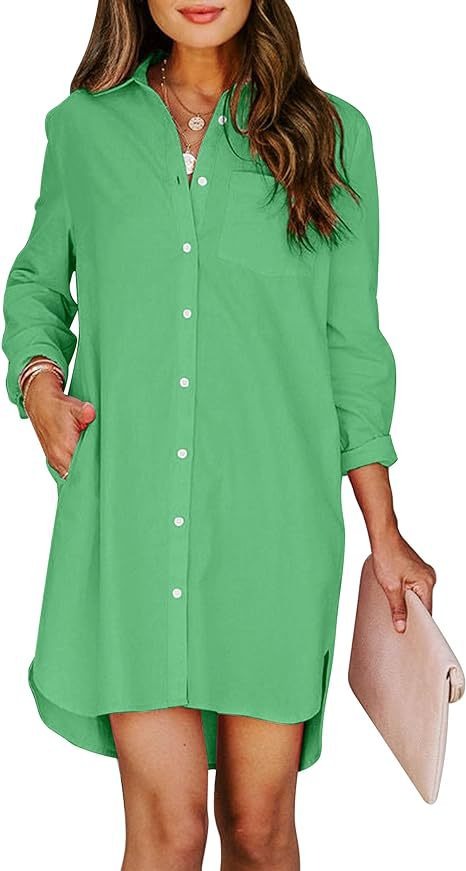 Women's button up shirt dress with pockets, cotton button up waist tied long sleeved solid color high and low shirt - Mammalook