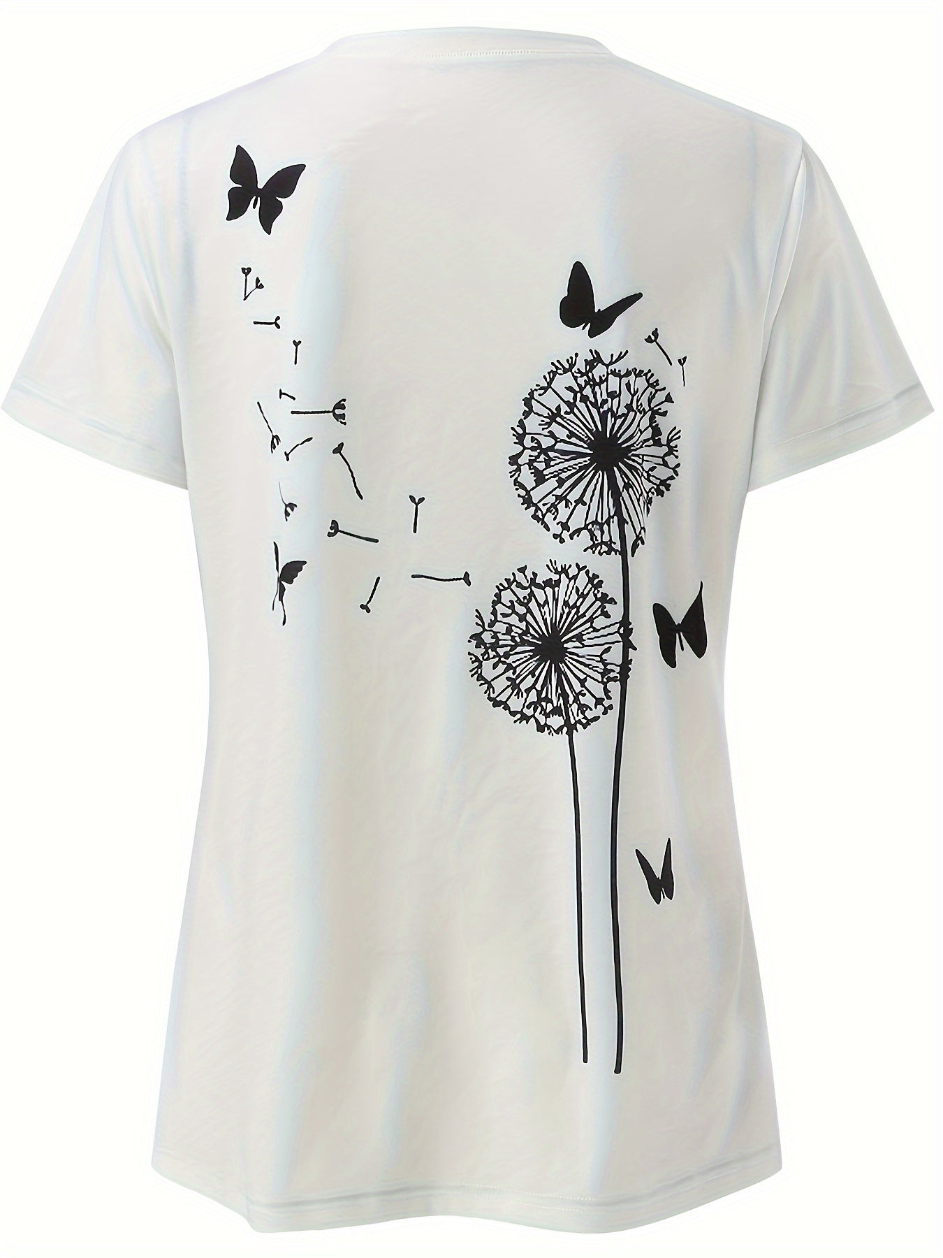 Dandelion & Butterfly Print T-Shirt, Casual Crew Neck Short Sleeve Top For Spring & Summer, Women's Clothing - Mammalook