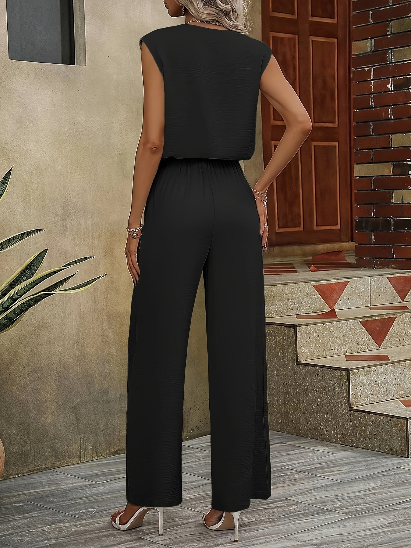 Vibrant Summer Pants Set for Women - Notched Collar V-Neck Tank Top & Belted Straight Leg Pants with No Elasticity - Polyester, Machine Washable, Solid Color, Elegant Style - Mammalook