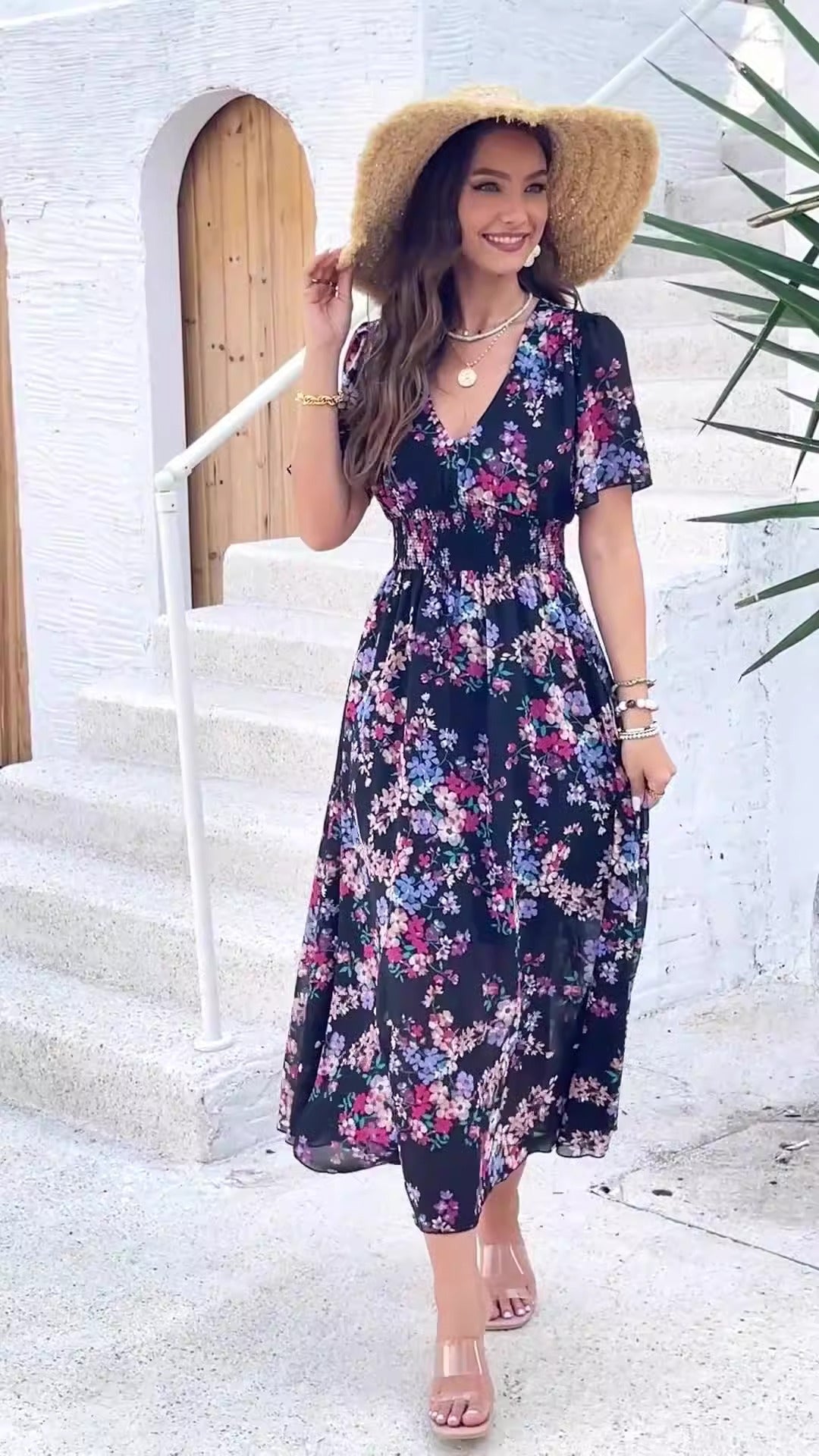 Women's spring/summer style print waist short sleeve dress - Mammalook