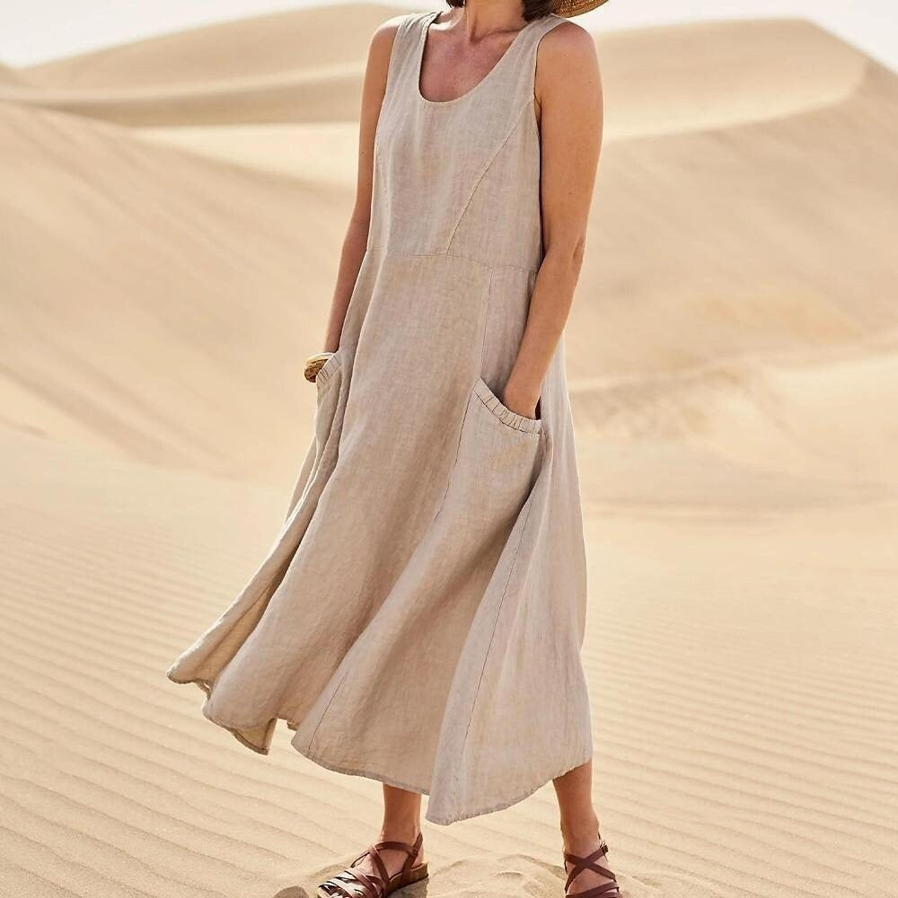 Pocket sleeveless round neck women's cotton and linen dress - Mammalook