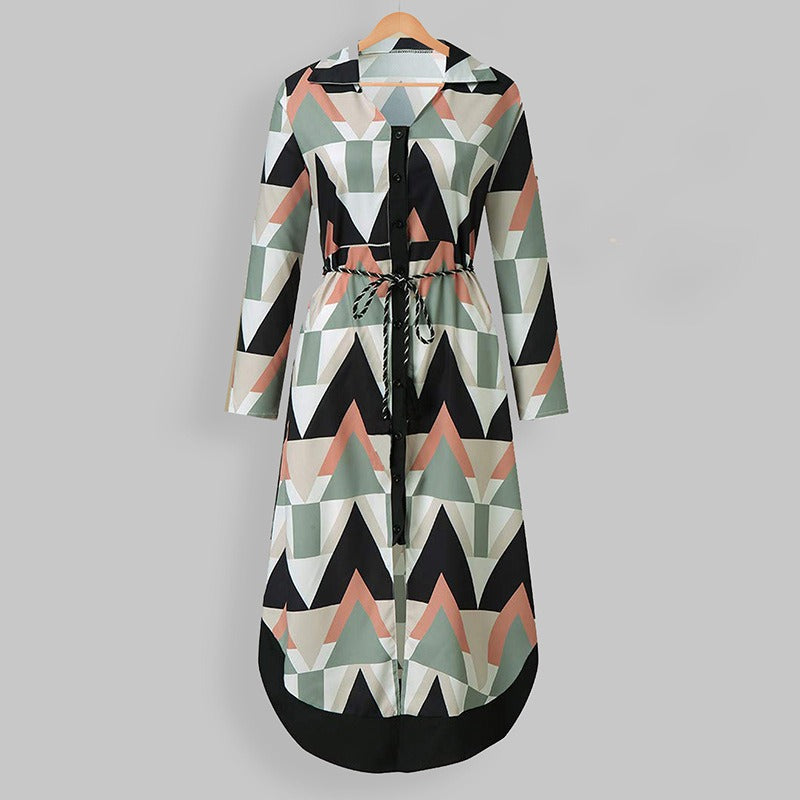 Mid length skirt printed plaid lapel tie up dress - Mammalook