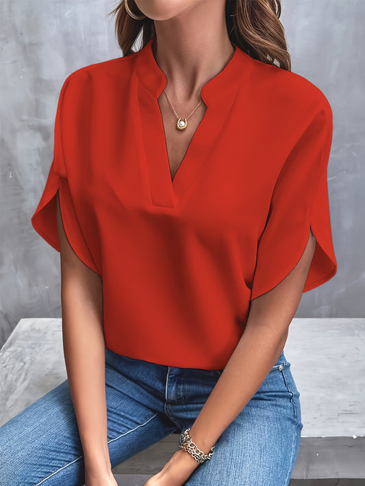 Solid Color Notch Neck Blouse, Casual Short Split Sleeve Blouse For Spring & Summer, Women's Clothing - Mammalook
