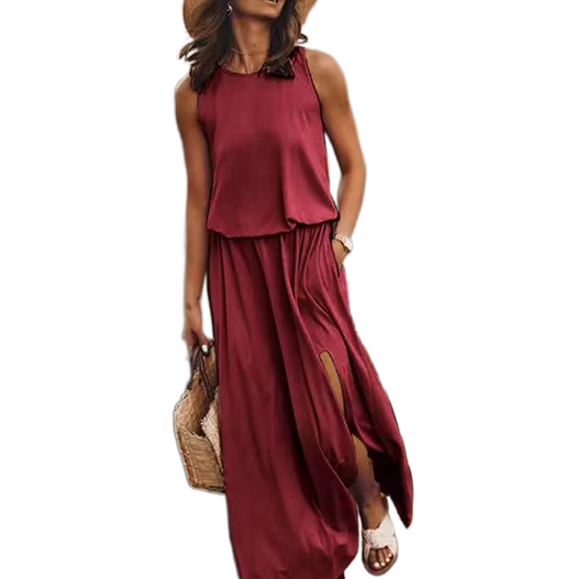 Solid color round neck sleeveless suspender lantern split dress - Mammalook