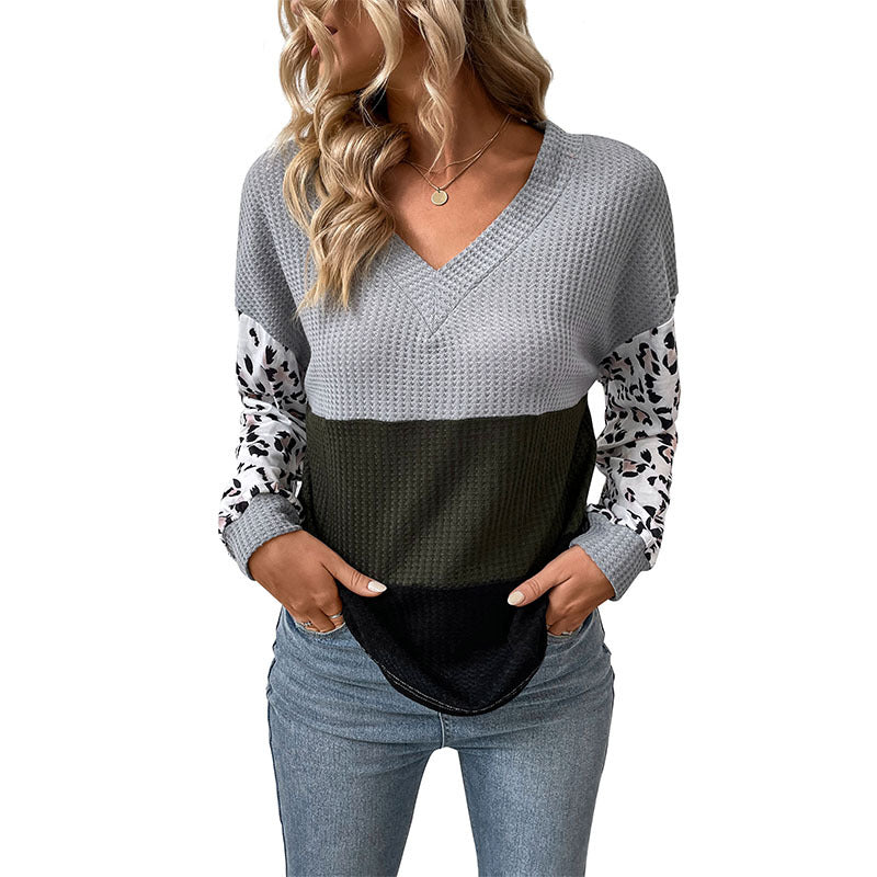 New Casual Fashion Top Long Sleeve V-Neck Leopard Print Contrast Knit Sweater - Mammalook