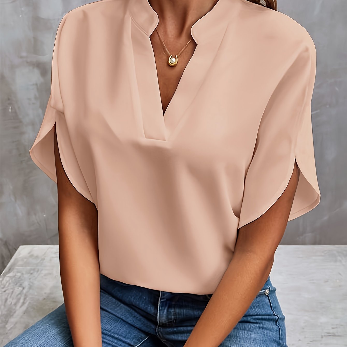 Solid Color Notch Neck Blouse, Casual Short Split Sleeve Blouse For Spring & Summer, Women's Clothing - Mammalook