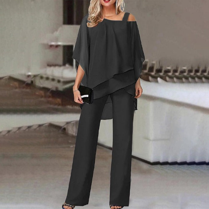 Women's New European and American Fashion Solid Color Loose Leisure Bat Sleeve Long Pants Irregular Fashion Casual Set - Mammalook