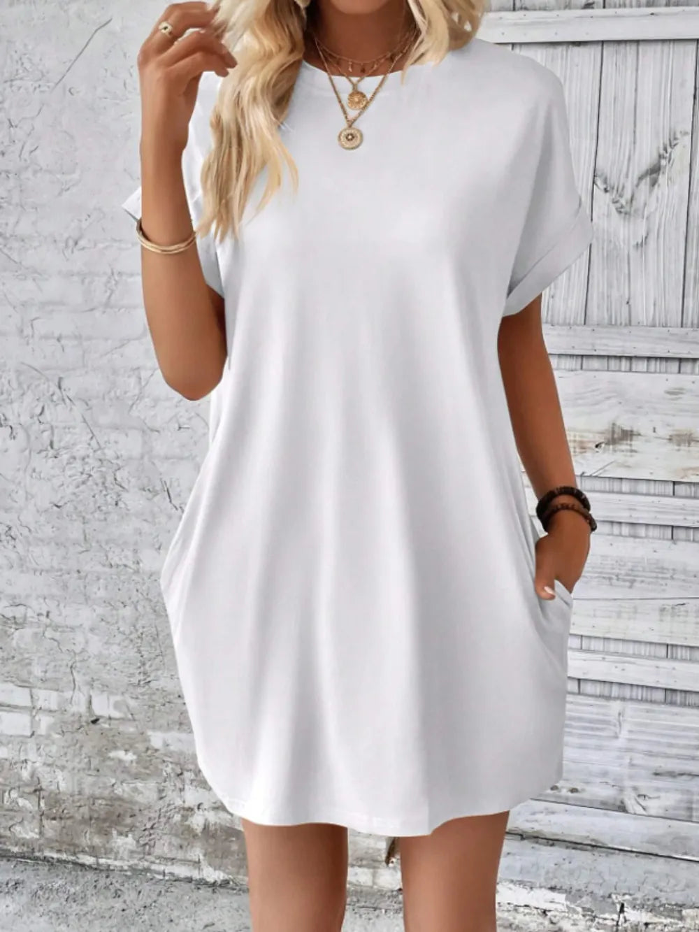 Women's outer round neck pocket short sleeved dress