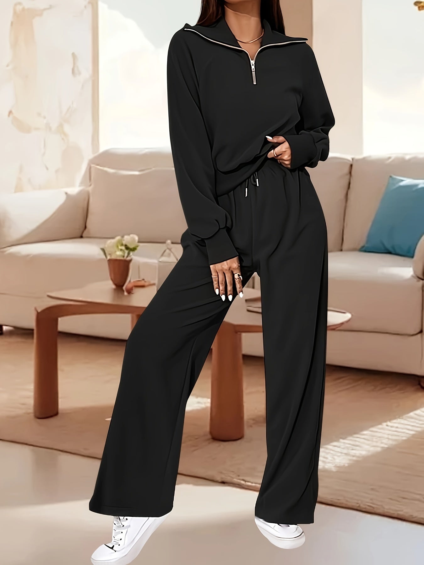 Zipped Solid Color Stylish Set, Long Sleeve Crop Sweatshirt & Drawstring Waist Straight Leg Pants, Women's Clothing - Mammalook