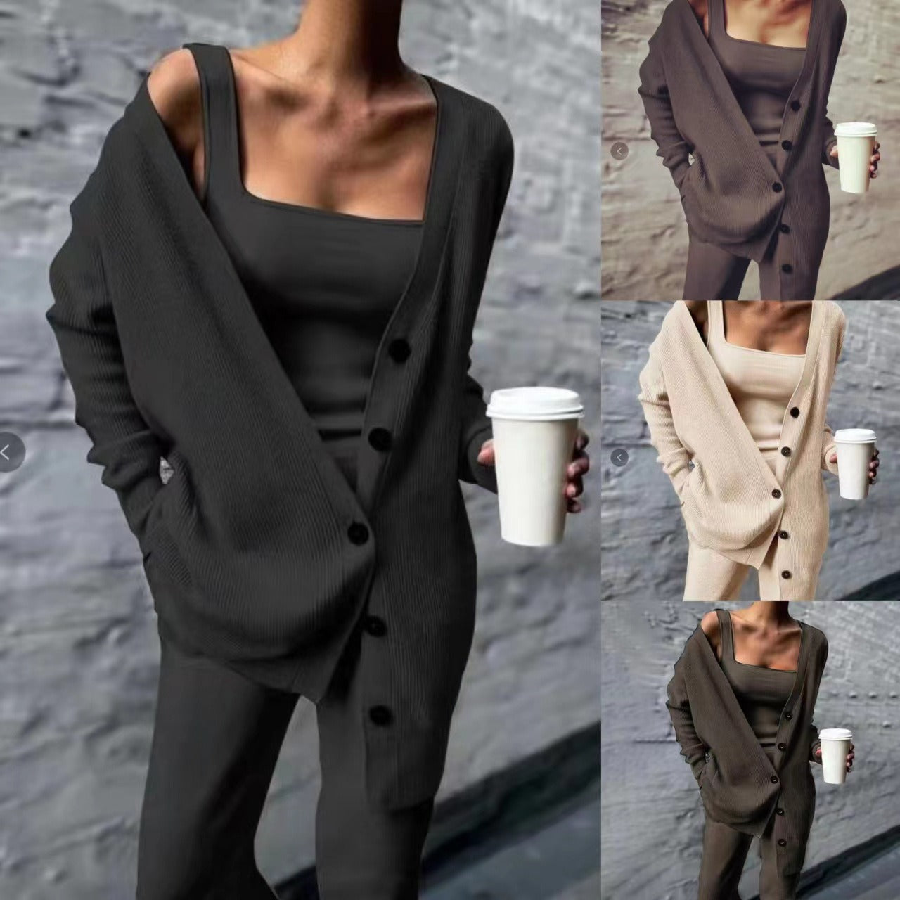 Solid color knitted jacket three piece set - Mammalook