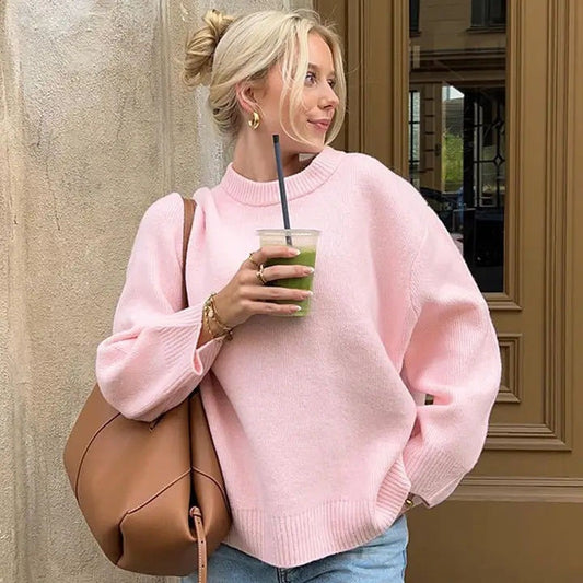 Round Neck Barbie Pink Loose Casual Pullover Sweater - Mammalook