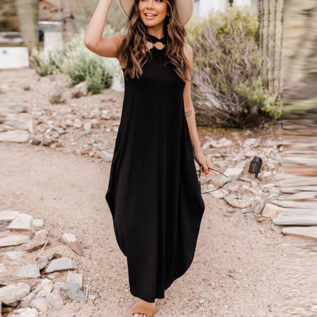 Women Loose Sexy Halter Dress Casual Sleeveless Solid Irregular Dress Summer Fashion Beach Chest Wrap Strapless Backless Dresses - Mammalook