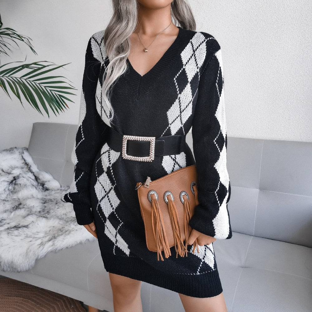 Off Shoulder Knitted Sweater Dresses For Women Autumn Winter Lantern Long Sleeve Dress Ladies Casual Dress White Black - Mammalook
