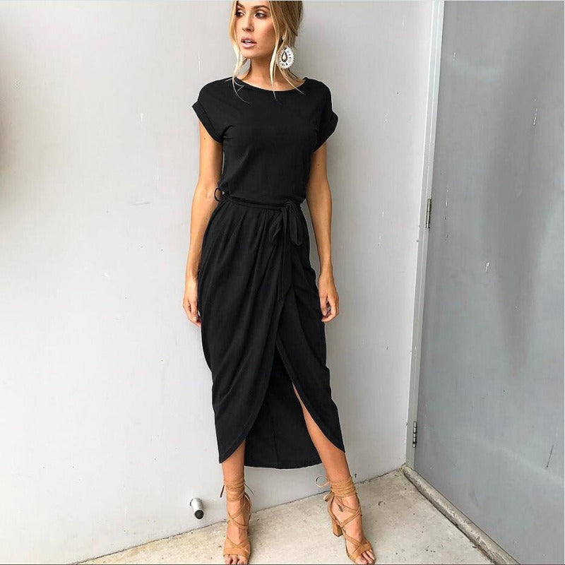 Fashionable short sleeved front slit irregular short sleeved slim fit dress - Mammalook