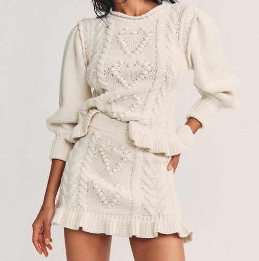 Knitted Twist Puff Long Sleeve Pullover Sweater with Ruffles Hem and High Waist Mini Skirt - Mammalook