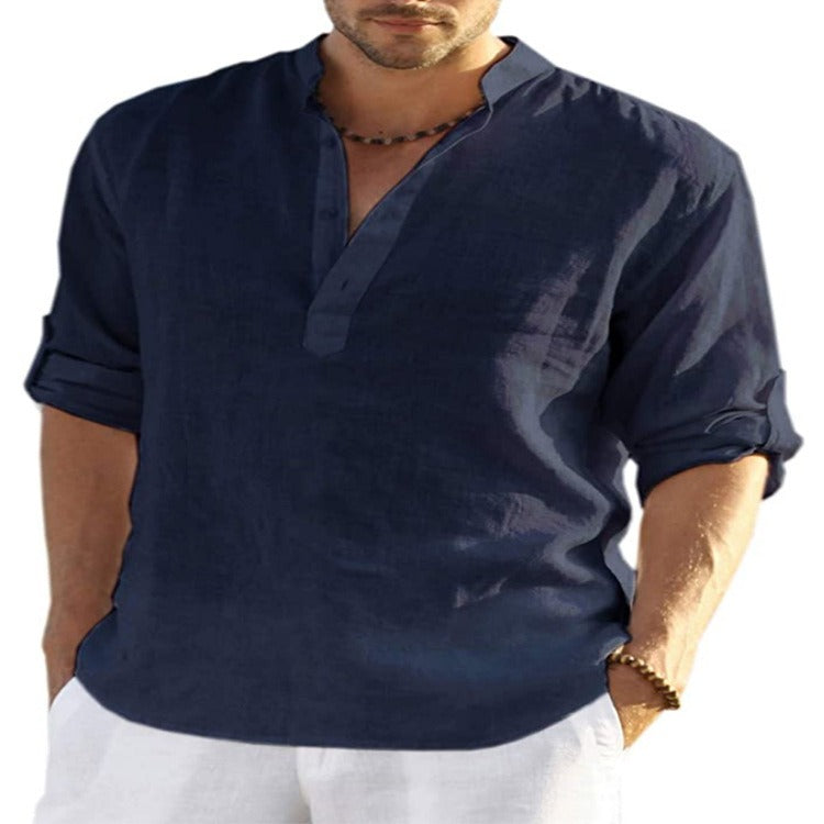 Mens Linen Long Sleeved T Shirt Loose Sweatshirt Solid Color Long Sleeved Cotton Linen Shirt Mens Large - Mammalook