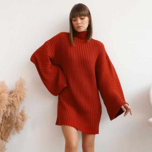 Turtleneck Knitted Women's Sweaters Pullover Solid Casual Loose Flare Sleeve Elegant Dresses For Female Winter Ladies Dress - Mammalook