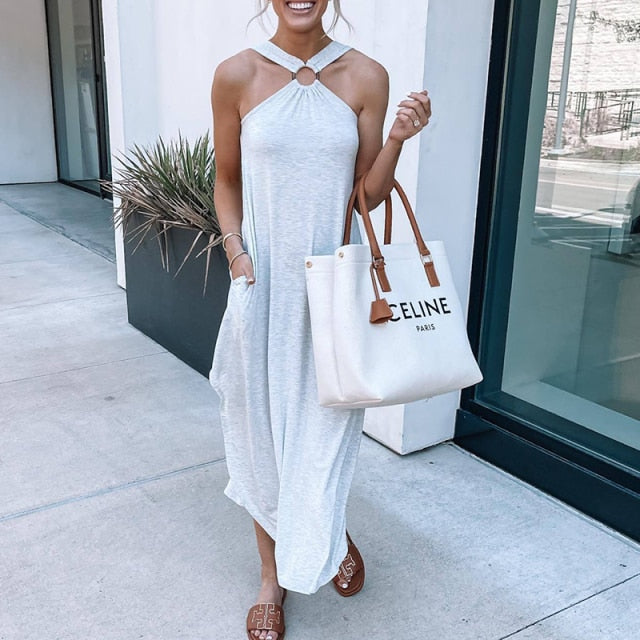 Women Loose Sexy Halter Dress Casual Sleeveless Solid Irregular Dress Summer Fashion Beach Chest Wrap Strapless Backless Dresses - Mammalook