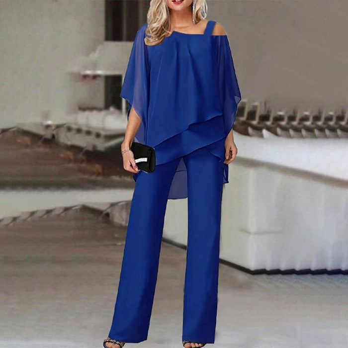 Women's New European and American Fashion Solid Color Loose Leisure Bat Sleeve Long Pants Irregular Fashion Casual Set - Mammalook