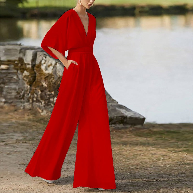 Jumpsuit deep V-high waist wide leg long pants women's dress - Mammalook