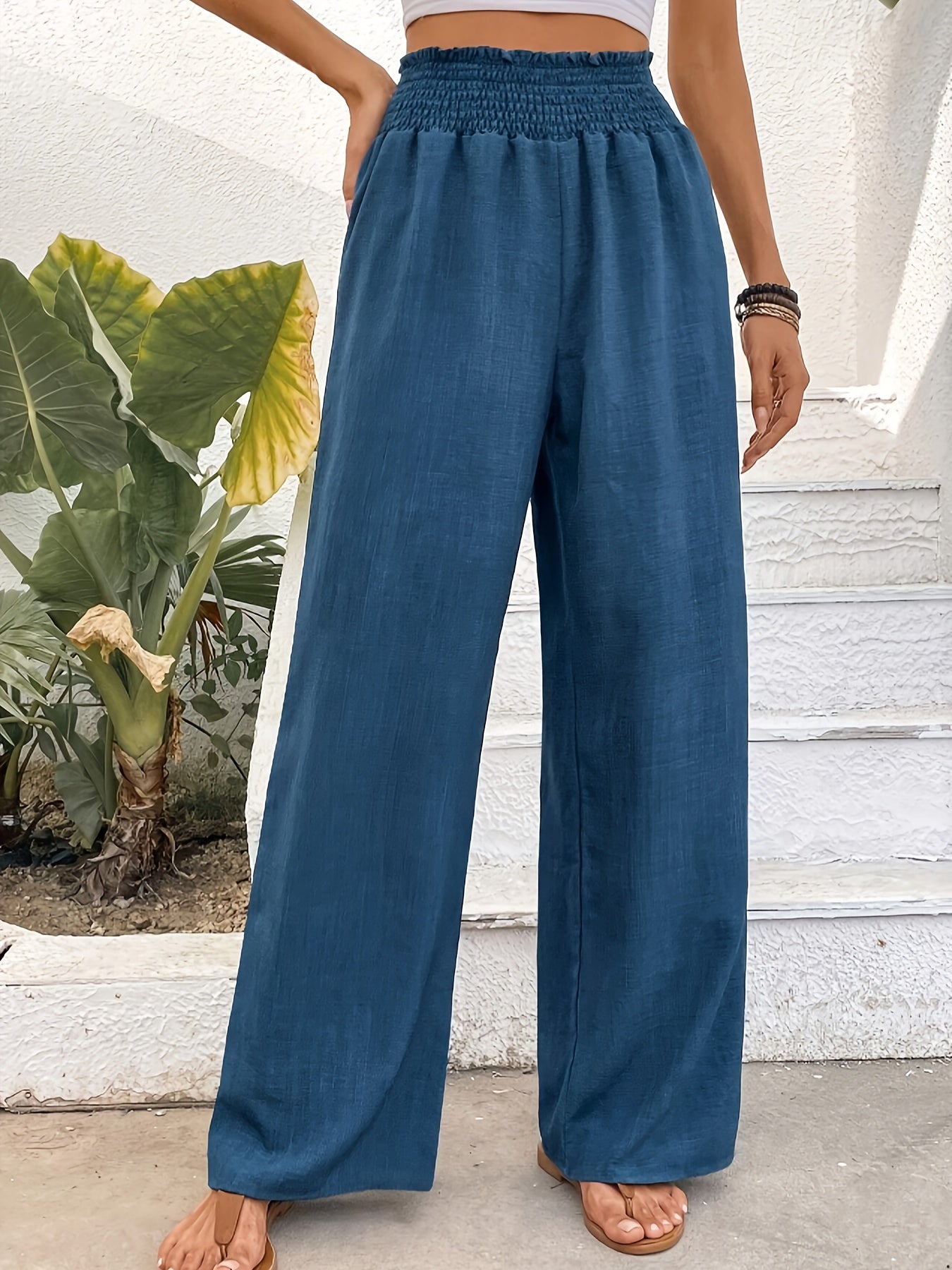 Solid Color Wide Leg Pants, Casual Shirred Loose Pants For Spring & Summer, Women's Clothing - Mammalook
