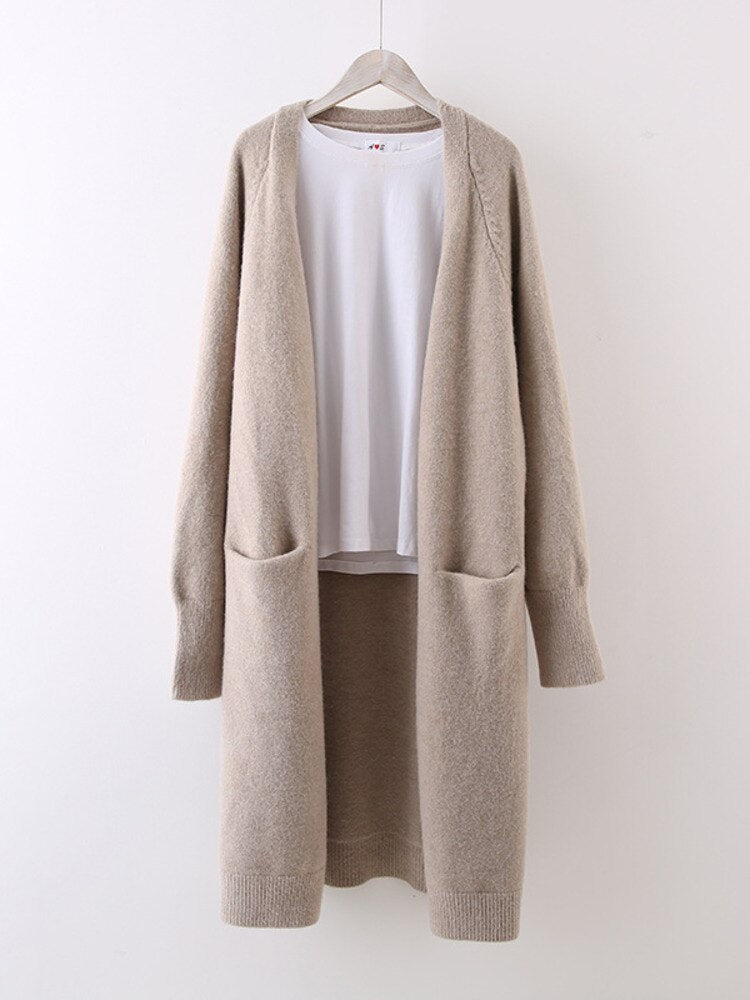 Woman Knitted Sweater Solid Pockets Long Sleeve Cardigan Simple Elastic Loose Casual Style Top New Autumn Fashion - Mammalook