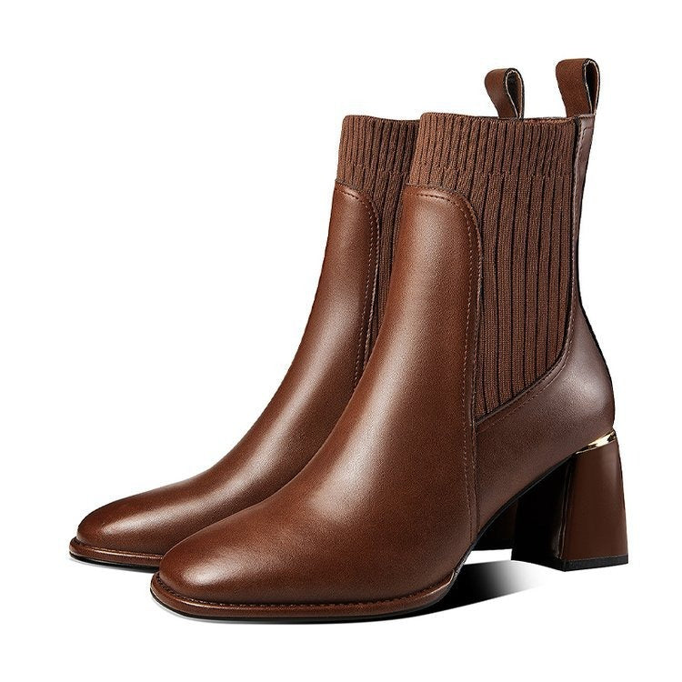 Spring, Autumn, and Winter New Women's Boots Thick Heel Square Head Short Boots Women's High Heel Knitted Woolen Socks Boots Elastic Martin Boots - Mammalook