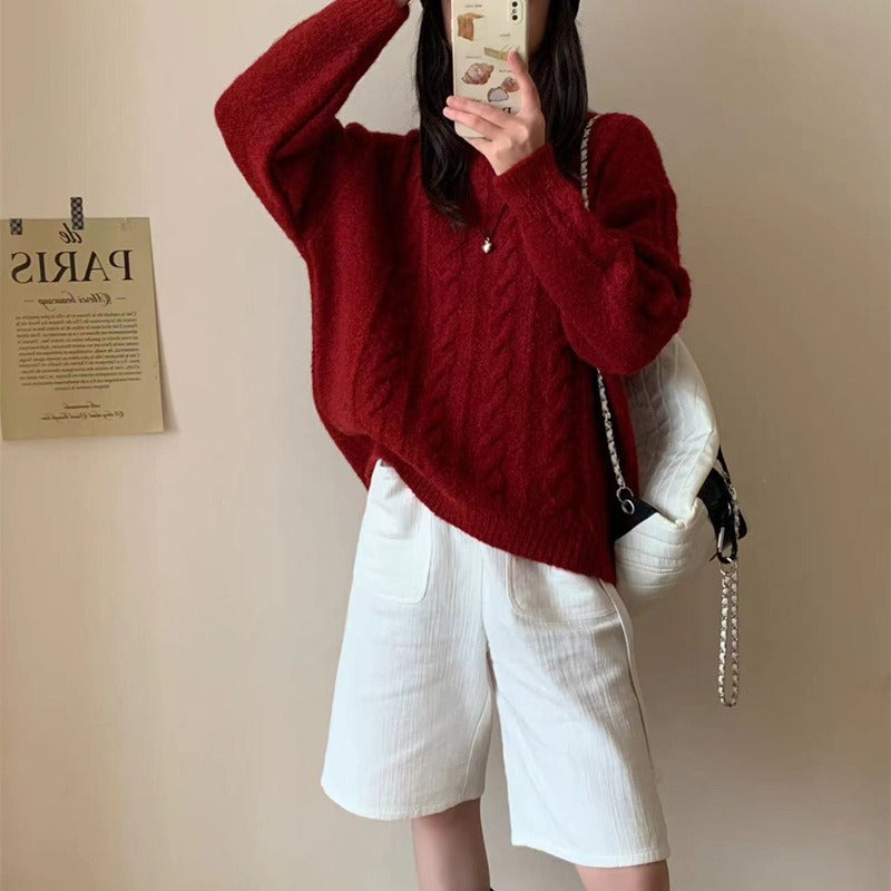 Fried Dough Twists round neck pullover sweater women's loose knit - Mammalook