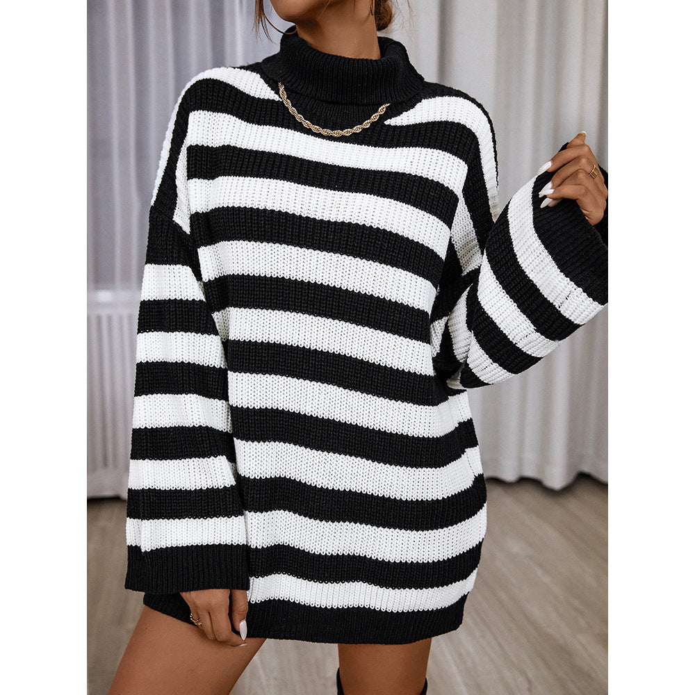 Women's Striped Sweater – Casual Long-Sleeved Half Turtleneck - Mammalook