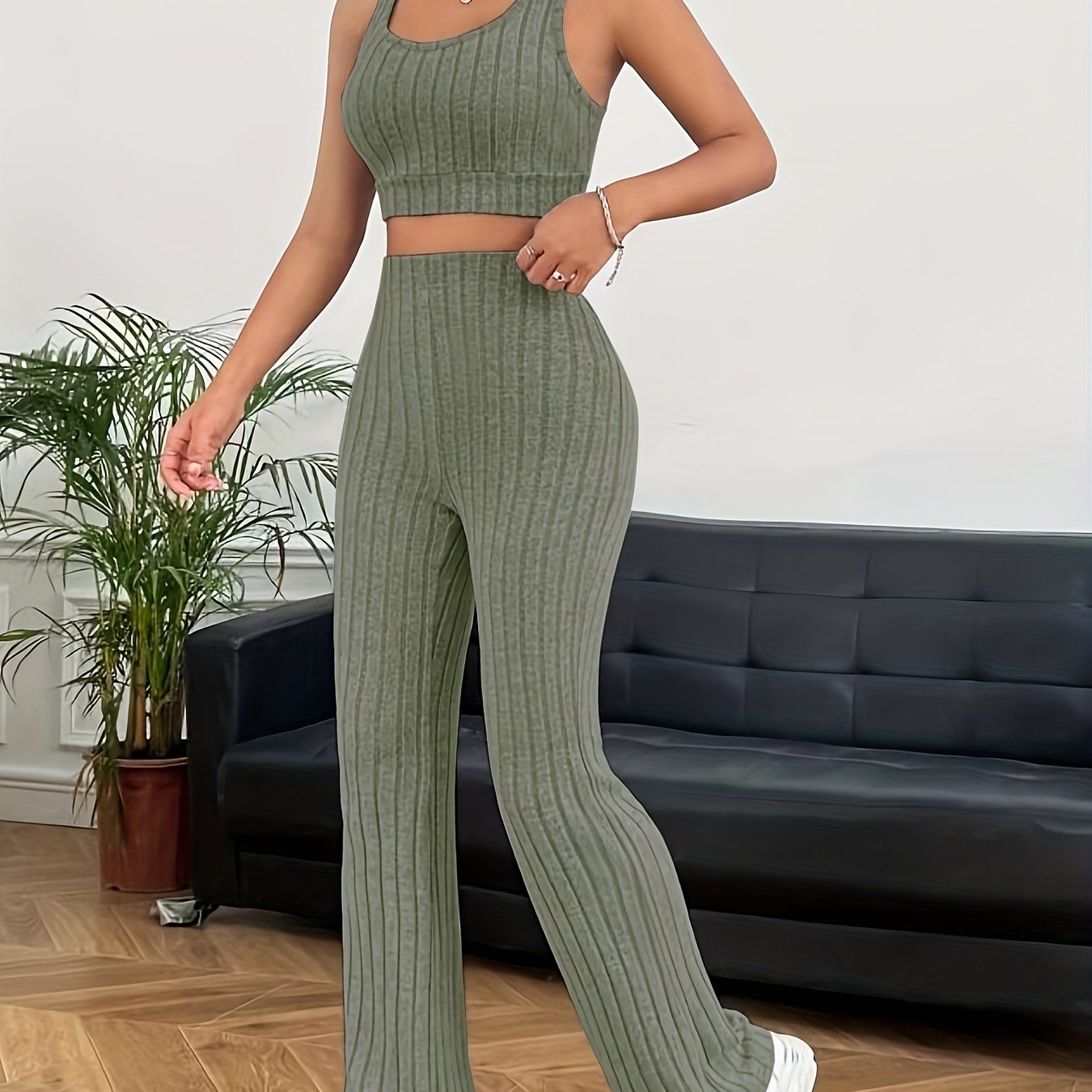 Ribbed Casual Two-piece Set, Crop Tank Top & High Waist Pants Outfits, Women's Clothing - Mammalook