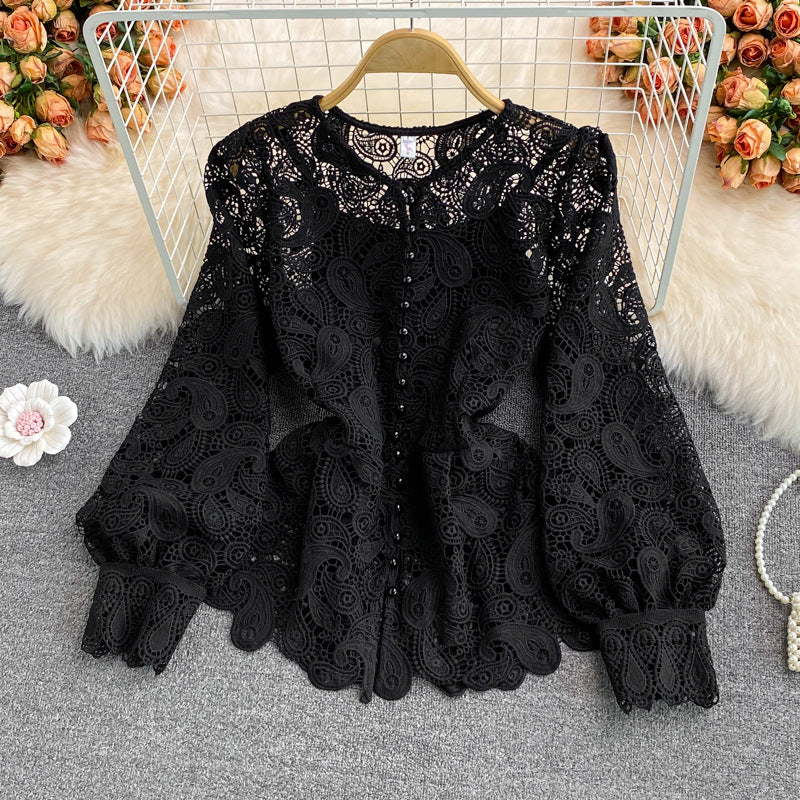 Round Neck Hollow Out Hook Flower Lace Shirt - Mammalook