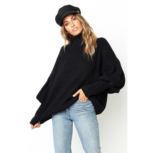 Turtleneck red winter sweater women knit Lantern sleeve white sweater female Loose oversized pullover knitted jumper - Mammalook