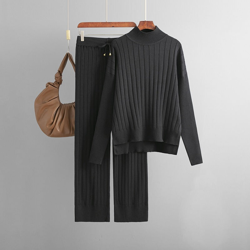 New Autumn and Winter Hollow Half Turtleneck Sweater Set Solid Color Loose Warm Pullover Two-piece Set - Mammalook