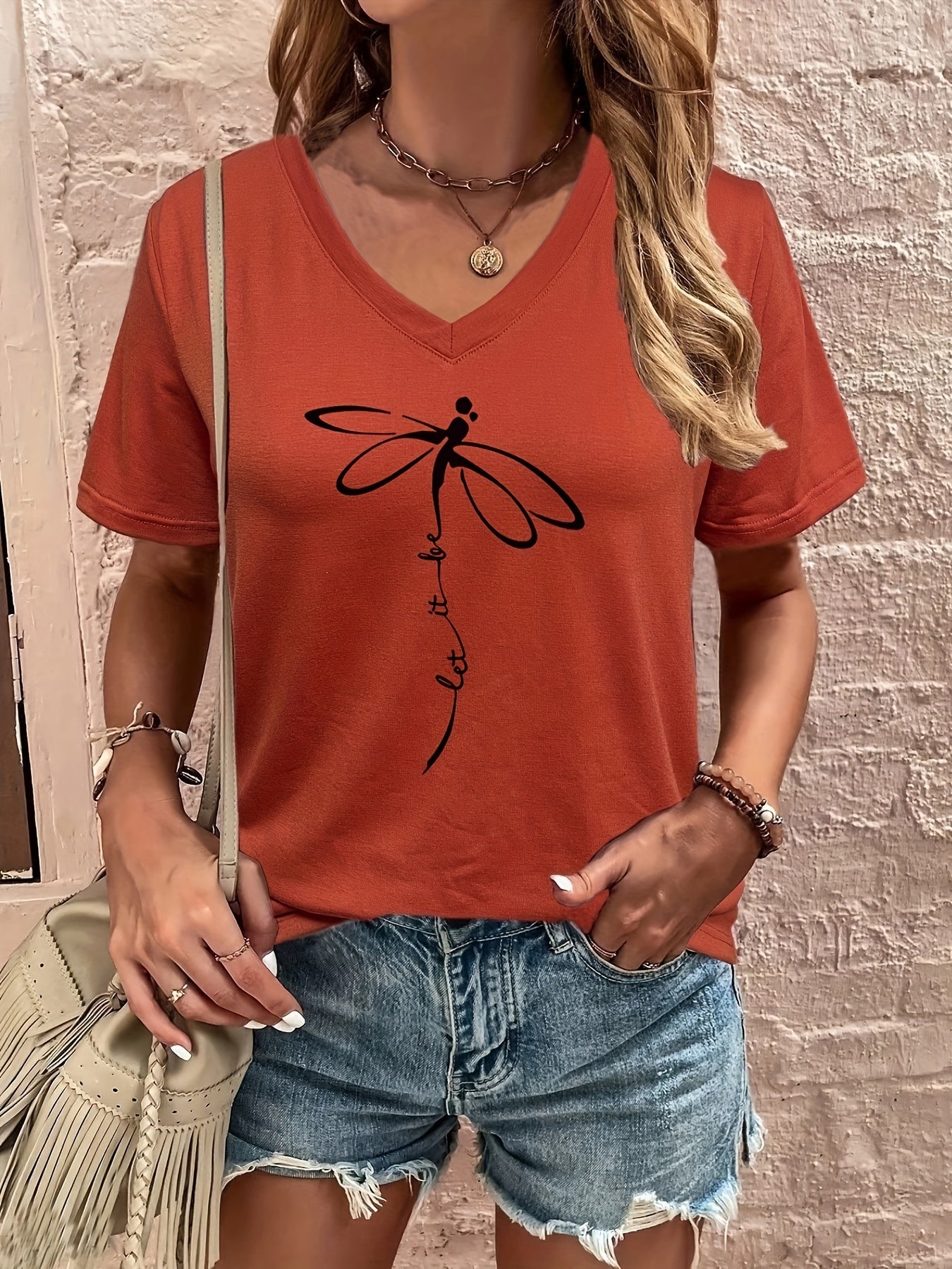 Dragonfly & Letter Print V Neck T-shirt, Casual Short Sleeve T-shirt For Summer, Women's Clothing - Mammalook