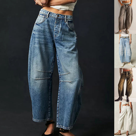 High-Stretch Mid-Rise Barrel Jeans – Women’s Casual Wide-Leg Denim
