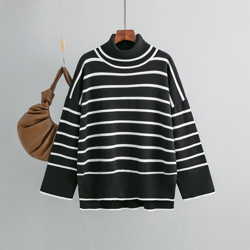 Elegant Autumn Winter Sweater Women Pullovers Loose Striped Casual Knit Chic Jumper Women Sweater - Mammalook