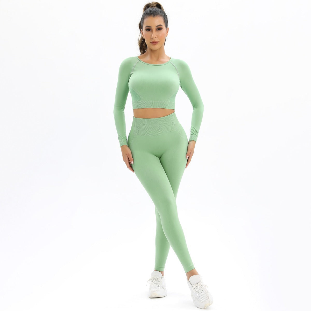 Peach Seamless Knitting Backless High Elastic Long Sleeve Yoga Suit Sports Running Fitness Two-Piece Set For Women - Mammalook