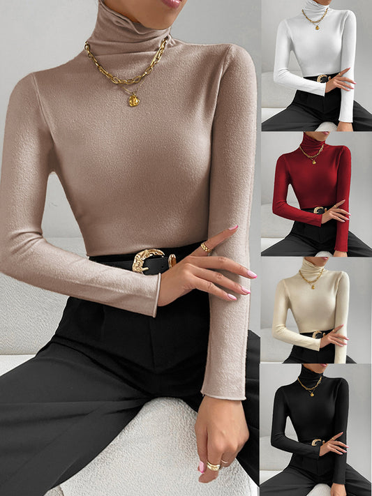 Women Autumn And Winter Turtleneck Bottoming Shirt Solid Color Comfortable Long Sleeve Sweater - Mammalook