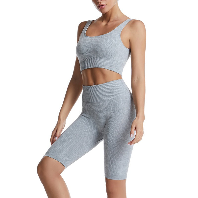 Threaded Yoga Suit Sportswear Summer Short-Sleeved Shorts Bra Tight-Fitting Clothes - Mammalook