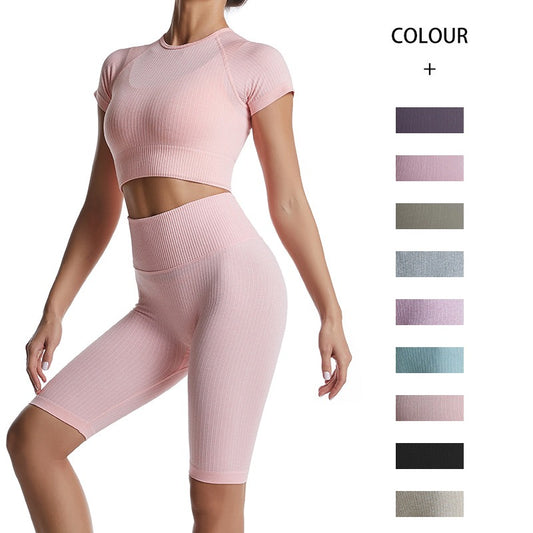 Threaded Yoga Suit Sportswear Summer Short-Sleeved Shorts Bra Tight-Fitting Clothes - Mammalook