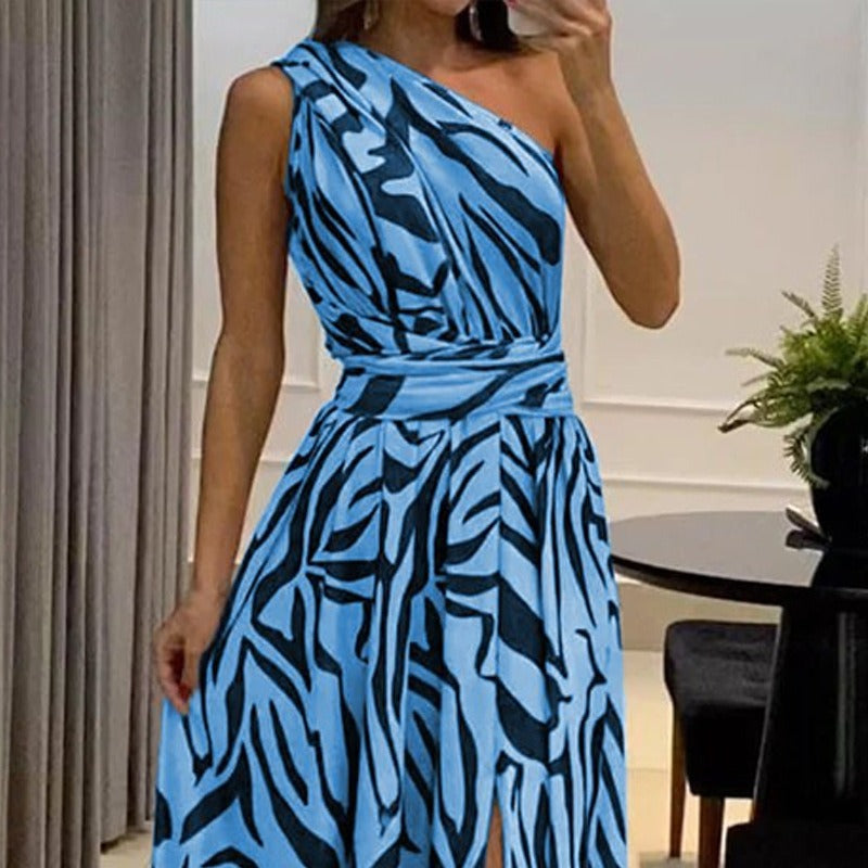 One-Shoulder Sleeveless Printed Long Dress