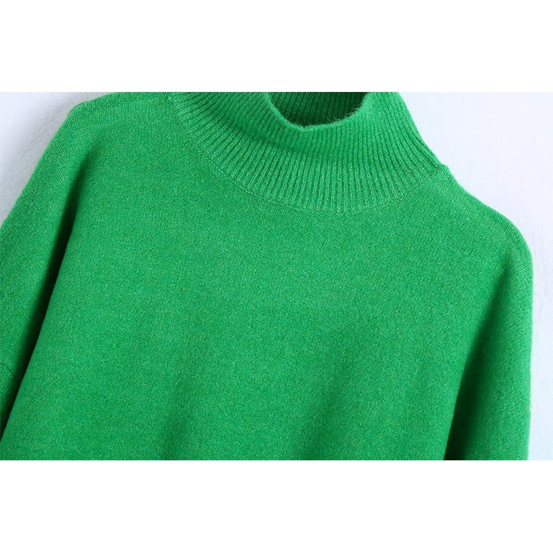 Women Fashion Solid Knit Sweater Top Long Sleeves High Neck Vintage Female Knitted Sweaters Pullover Chic Tops - Mammalook