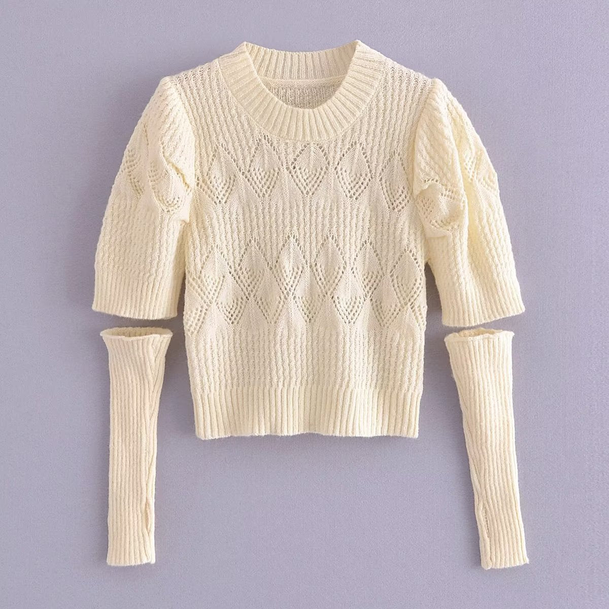 Bubble Sleeve Pullover Sweater Women's Short Polyester Round Neck - Mammalook