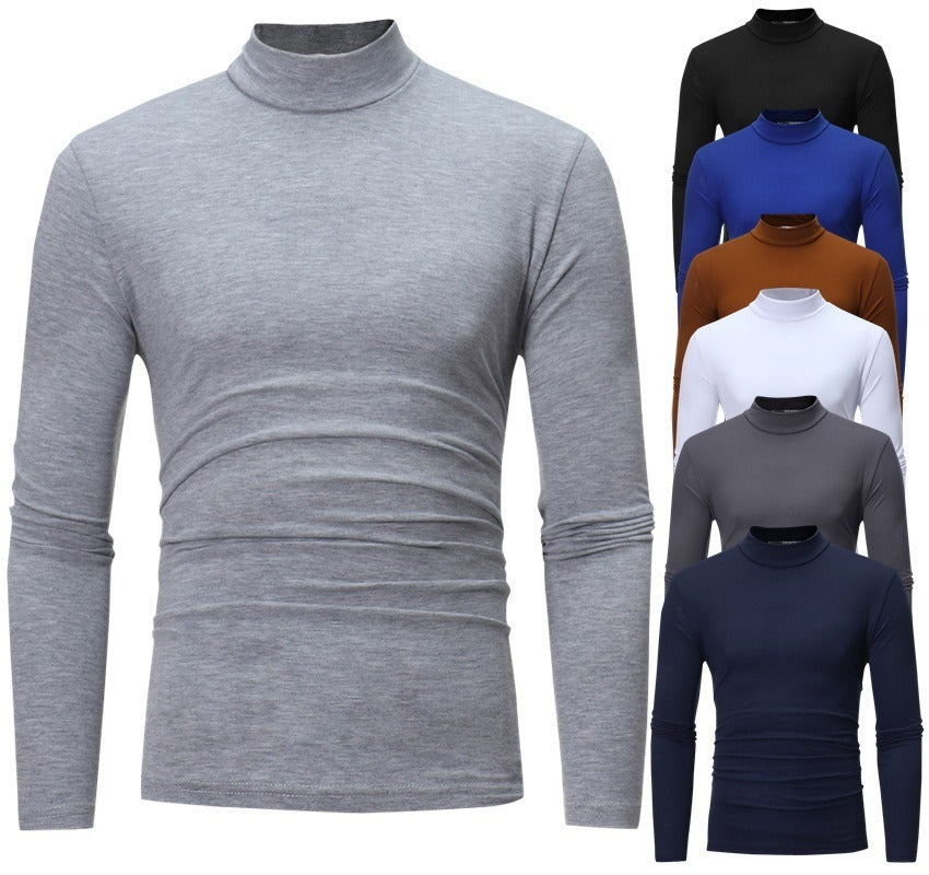 New Autumn And Winter Men's Casual Solid Color High Collar Men's Slim Long Sleeved T-Shirt Bottoming Shirt - Mammalook