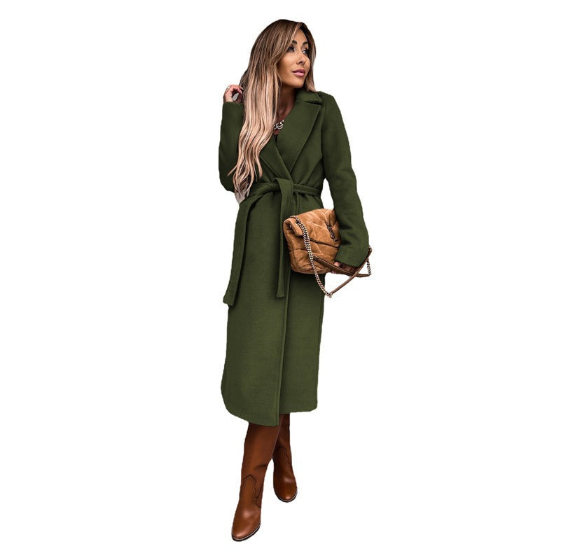 Women's Solid Color Lapel Long-Sleeved Woollen Jacket with Simple Strap Windbreaker - Mammalook