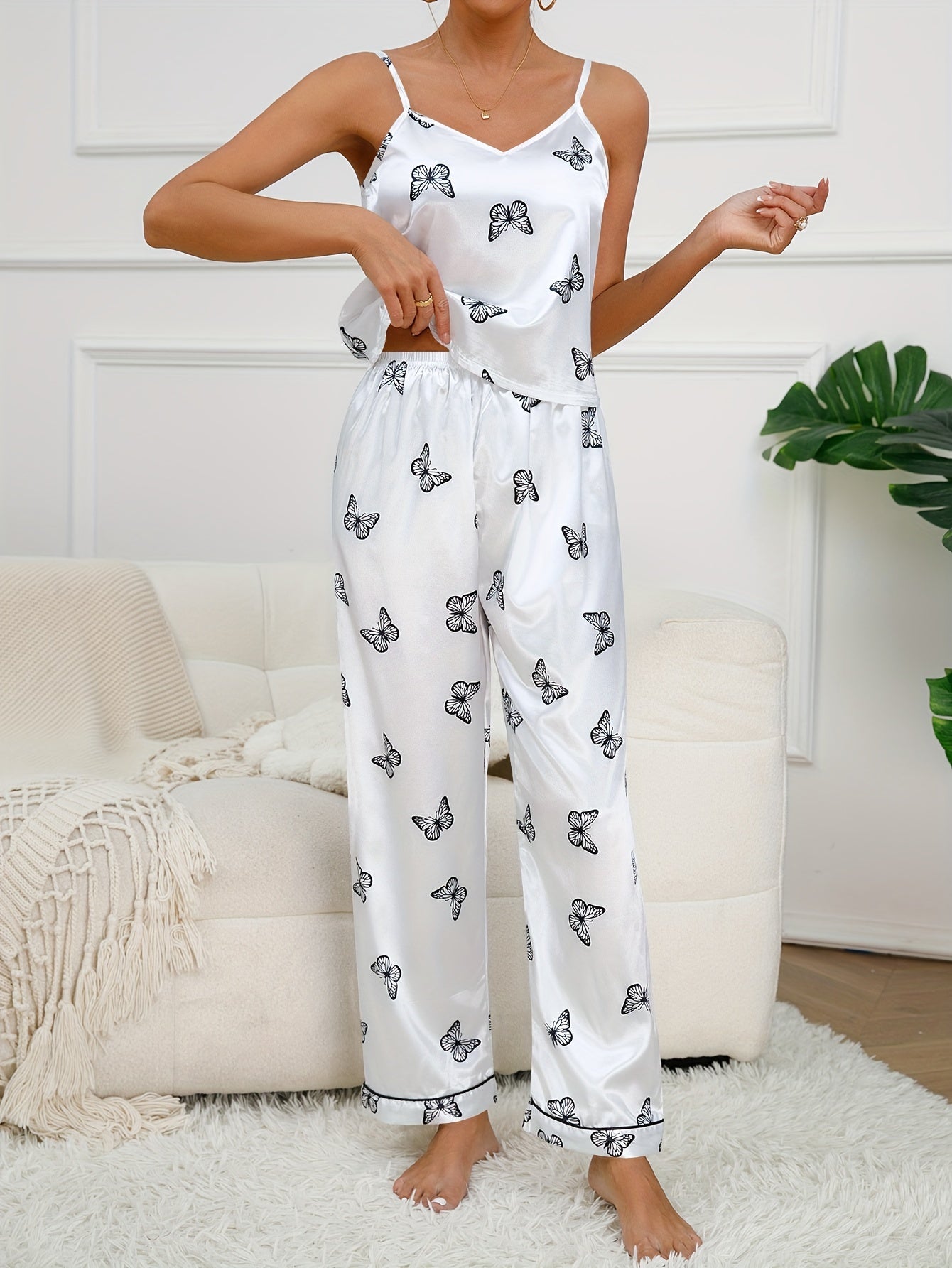 Butterfly Print Pajama Set, V Neck Cami Top & Elastic Waistband Pants, Women's Sleepwear & Loungewear - Mammalook