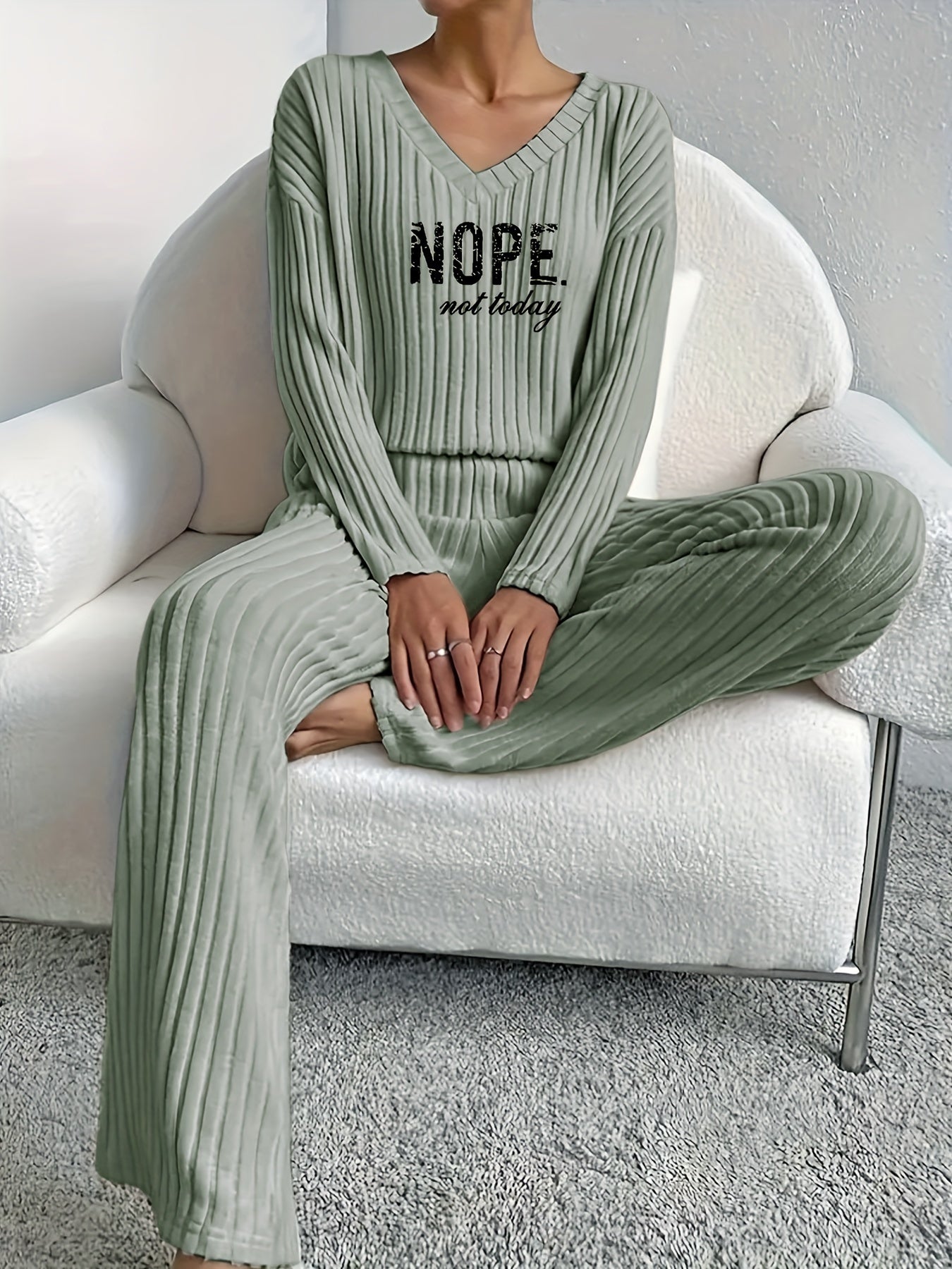 Women’s Casual Two-Piece Set: ‘NOPE’ Print V-Neck Long Sleeve T-Shirt & Solid Pants - Mammalook