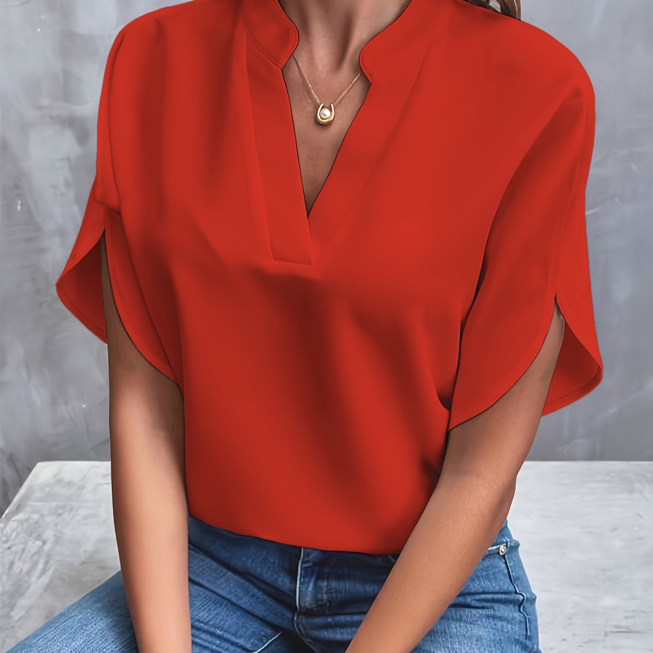 Solid Color Notch Neck Blouse, Casual Short Split Sleeve Blouse For Spring & Summer, Women's Clothing - Mammalook