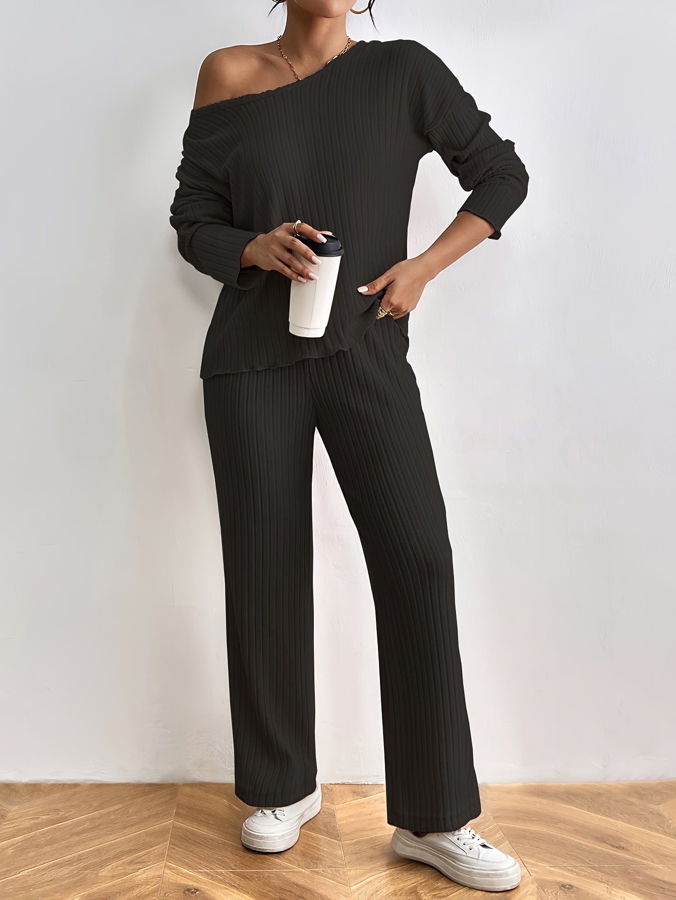 Women's Casual Ribbed Two-Piece Set: V-Neck Long Sleeve Top & Pants - Mammalook