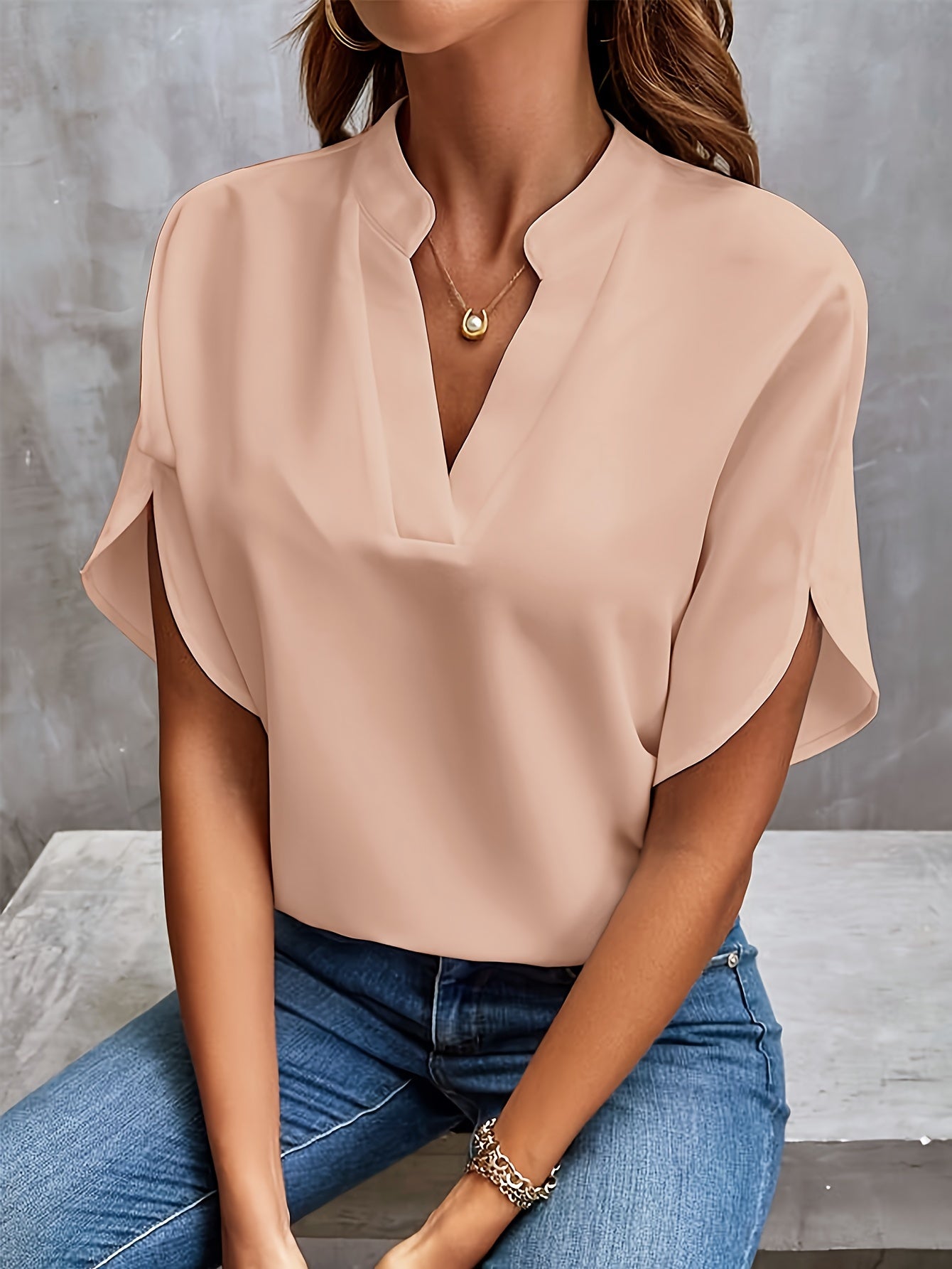 Solid Color Notch Neck Blouse, Casual Short Split Sleeve Blouse For Spring & Summer, Women's Clothing - Mammalook